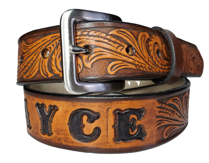 Our Kid's Rustler is just like the Rustler for dad or mom. Full grain American vegetable tanned cowhide approx. 1/8"thick. Width is 1 1/4" and includes Antique Nickle plated Solid Brass buckle. We Hand Finished with a darker brown edge feathered into a tan center. Edges are smooth burnished painted edges. Made in our Smyrna, TN, USA shop. 