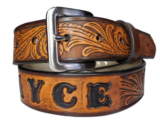 Our Kid's Rustler is just like the Rustler for dad or mom. Full grain American vegetable tanned cowhide approx. 1/8"thick. Width is 1 1/4" and includes Antique Nickle plated Solid Brass buckle. We Hand Finished with a darker brown edge feathered into a tan center. Edges are smooth burnished painted edges. Made in our Smyrna, TN, USA shop. 