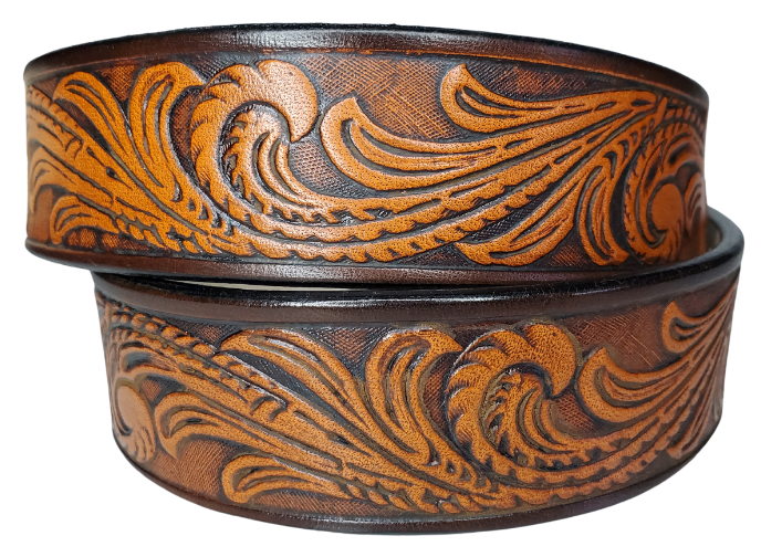 Our Kid's Rustler is just like the Rustler for dad or mom. Full grain American vegetable tanned cowhide approx. 1/8"thick. Width is 1 1/4" and includes Antique Nickle plated Solid Brass buckle. We Hand Finished with a darker brown edge feathered into a tan center. Edges are smooth burnished painted edges. Made in our Smyrna, TN, USA shop. 