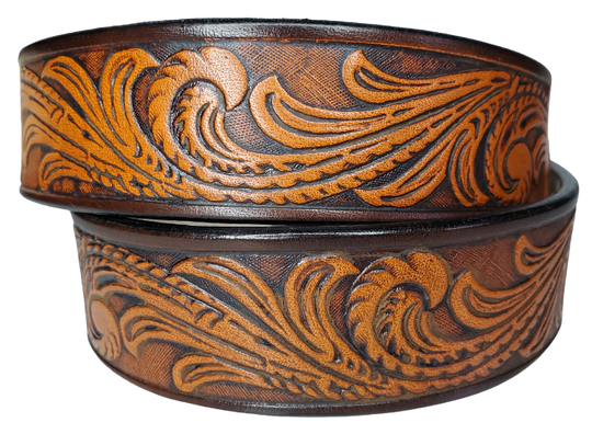 Our Kid's Rustler is just like the Rustler for dad or mom. Full grain American vegetable tanned cowhide approx. 1/8"thick. Width is 1 1/4" and includes Antique Nickle plated Solid Brass buckle. We Hand Finished with a darker brown edge feathered into a tan center. Edges are smooth burnished painted edges. Made in our Smyrna, TN, USA shop. 