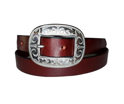 Our ladies 1" wide Deep Burgundy Red water buffalo leather belt with snaps to easily change out buckle. Features a smoothed black burnished and a oval shaped Stainless steel buckle with Western floral pattern around it's oval shape. The buckle size is 3" across x 2 1/4" tall. This belt has a softer feel than some of our Name style belts but still durable. Available online or for purchase at our shop just outside Nashville in Smyrna, TN.
