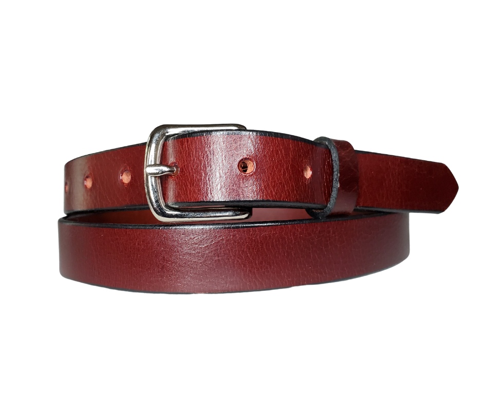 Our ladies 1" wide water buffalo leather belt with snaps to easily change out buckle. Features a smoothed black burnished and a basic steel buckle. This belt has a softer feel than some of our Name style belts but still durable. Available online or for purchase at our shop just outside Nashville in Smyrna, TN.