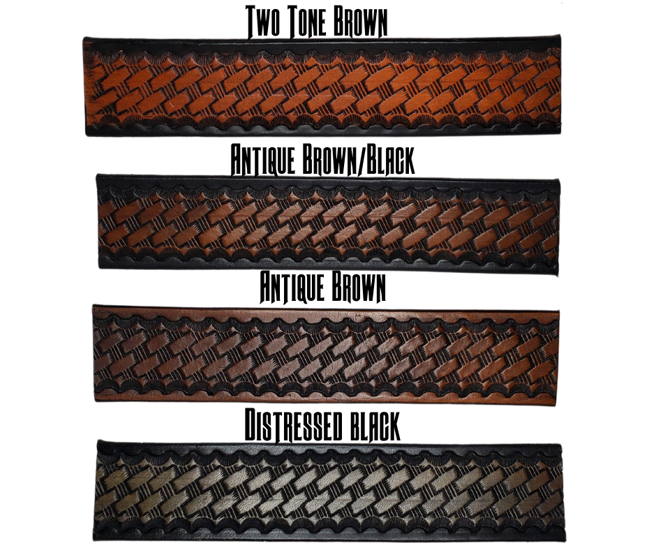 This handmade, real leather belt is made from Veg-Tan shoulder cow leather.  It is 9-10 oz. or approximately 1/8" thick and is 1 1/2" wide. It has smoothed and finished edges and basket weave design is embossed on surface.  Choose from 5 color options. The antique nickel plated solid brass buckle snaps in place. Made in our shop just outside Nashville in Smyrna, TN. 
