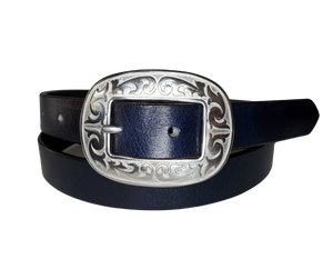 Our ladies 1" wide Deep Navy Blue water buffalo leather belt with snaps to easily change out buckle. Features a smoothed black burnished and a oval shaped Stainless steel buckle with Western floral pattern around it's oval shape. The buckle size is 3" across x 2 1/4" tall. This belt has a softer feel than some of our Name style belts but still durable. Available online or for purchase at our shop just outside Nashville in Smyrna, TN..