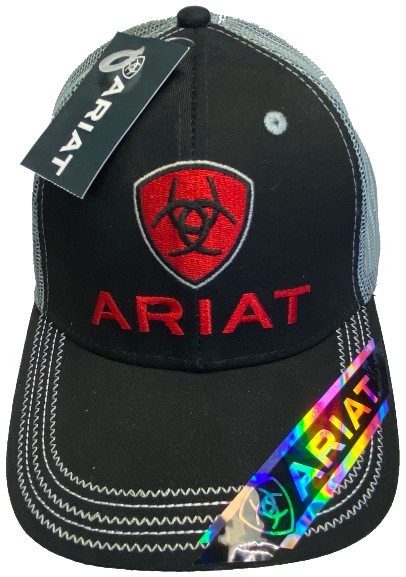 Black cap with grey mesh back and velcro closure. Structured front has red Ariat logo embroidered. Available for purchase at our shop just outside of Nashville in Smyrna, TN.