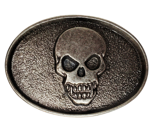 The Biker Skull Belt Buckle is an antique silver design that is sure to add a unique touch to any accessory. Crafted with a detailed skull head, this buckle is perfect for those looking for an edgy yet stylish addition to their wardrobe.  Pewter belt buckle that may be attached to your belt.  It has a oval shape that Fits 1 1/2" belts, Size approx. 3-1/2" x 2-3/4. Available in our shop just outside Nashville in Smyrna, TN.