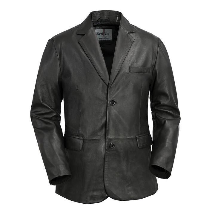 This modernly designed men's blazer jacket is crafted with timeless black buttery soft lambskin, allowing you to dress up for any special occasion or dressed down for a more casual look. It features two convenient pockets, and is available in stock at our Smyrna TN shop just a short drive from Nashville. This jacket offers an elegant and sophisticated style that is sure to make a statement.