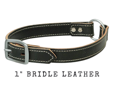 Constructed from durable, weather-resistant bridle leather. Center ring allows the collar to roll if caught on an obstruction. Aluminum-finished hardware provides long-lasting durability. Precise wheat stitching gives these collars a classic look. Available at our Smyrna, TN shop just outside Nashville.