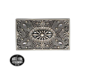 A Filigreed Floral design in Antique Nickel with Blingy Rhinestones added around the border. Looks great on plain 1 1/2" Black or Brown belt. A easy to wear rectangle shape that's not too big, it's just right. Dimension(Length X Width): 3 3/4" X 2", Imported