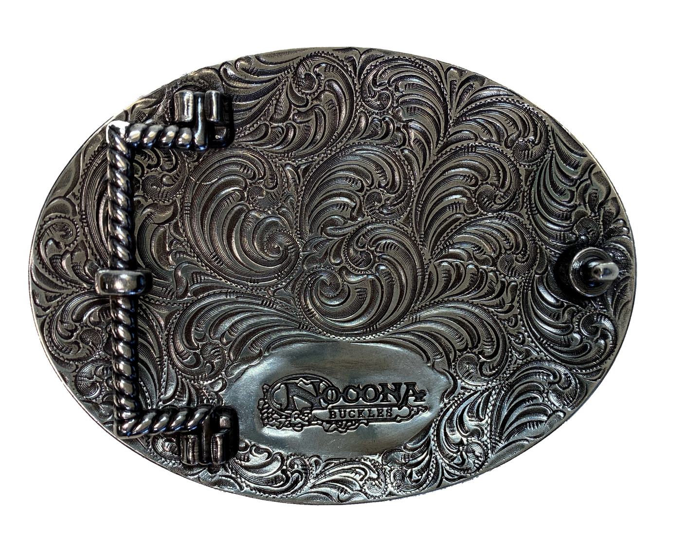 A classic image of the old west. Buffalo was everything to the native Americans. Oval shaped with a rope edge and scrolled western design. Fits any of our 1 1/2" belts and measures: 3" tall X 4" wide. Available online and in our retail shop in Smyrna, TN, just outside of Nashville