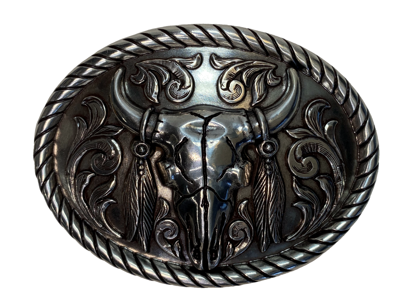 A classic image of the old west. Buffalo was everything to the native Americans. Oval shaped with a rope edge and scrolled western design. Fits any of our 1 1/2" belts and measures: 3" tall X 4" wide. Available online and in our retail shop in Smyrna, TN, just outside of Nashville