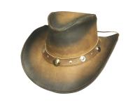 Distressed two toned brown leather outback style hat with 2 1/2" brim, sizes S-XL is available for purchase in our shop just outside Nashville in Smyrna, TN.  It has Conchos around the leather hatband.  It has a classic Australian outback look.