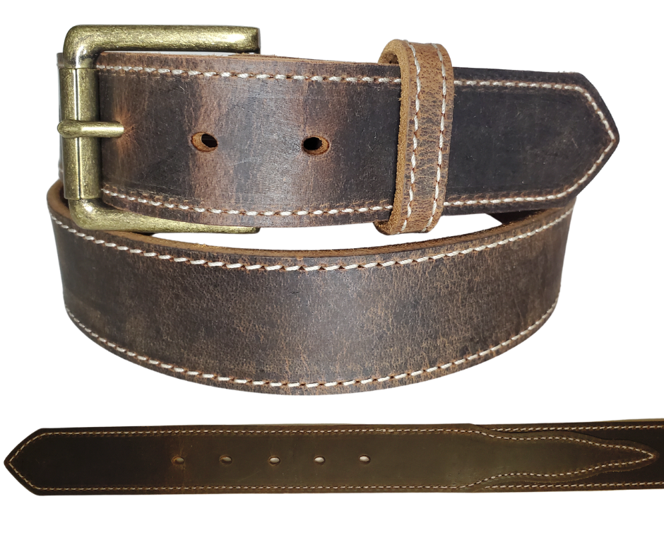 Close up view of Chisholm trail distressed brown belt with antique brass plated buckle.