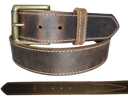 Close up view of Chisholm trail distressed brown belt with antique brass plated buckle.