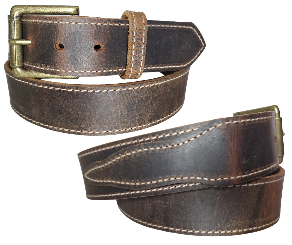 Chisholm Trail distressed brown Western leather belt side view and antique brass plated roller buckle pictured.