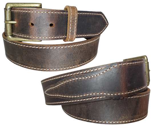 Chisholm Trail distressed brown Western leather belt side view and antique brass plated roller buckle pictured.