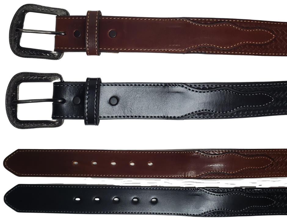 "The Chisholm Trail" weave is a real leather belt made from a single thick parts of cowhide shoulder leather that is 8-10 oz. or approx. 1/8" thick. It is assembled in 3 main sections 2 billets or end parts and the main center section. It has  also has a Braid pattern. The buckle has ornate western floral pattern that's antique nickel plated and is snapped in place for easy buckle change.  This belt is stocked in our shop in Smyrna, TN just outside Nashville.