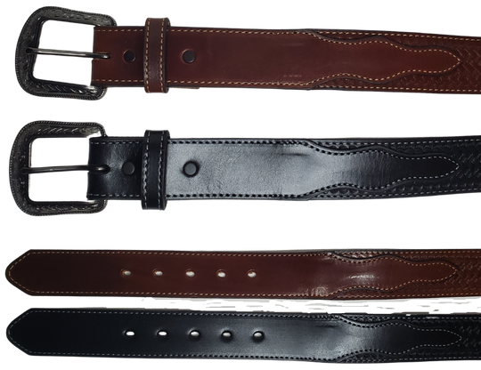 "The Chisholm Trail" weave is a real leather belt made from a single thick parts of cowhide shoulder leather that is 8-10 oz. or approx. 1/8" thick. It is assembled in 3 main sections 2 billets or end parts and the main center section. It has  also has a Braid pattern. The buckle has ornate western floral pattern that's antique nickel plated and is snapped in place for easy buckle change.  This belt is stocked in our shop in Smyrna, TN just outside Nashville.