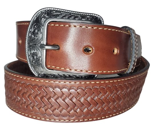 "The Chisholm Trail" weave is a real leather belt made from a single thick parts of cowhide shoulder leather that is 8-10 oz. or approx. 1/8" thick. It is assembled in 3 main sections 2 billets or end parts and the main center section. It has  also has a Braid pattern. The buckle has ornate western floral pattern that's antique nickel plated and is snapped in place for easy buckle change.  This belt is stocked in our shop in Smyrna, TN just outside Nashville.