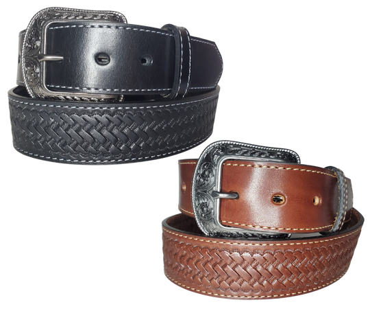 "The Chisholm Trail" weave is a real leather belt made from a single thick parts of cowhide shoulder leather that is 8-10 oz. or approx. 1/8" thick. It is assembled in 3 main sections 2 billets or end parts and the main center section. It has  also has a Braid pattern. The buckle has ornate western floral pattern that's antique nickel plated and is snapped in place for easy buckle change.  This belt is stocked in our shop in Smyrna, TN just outside Nashville.