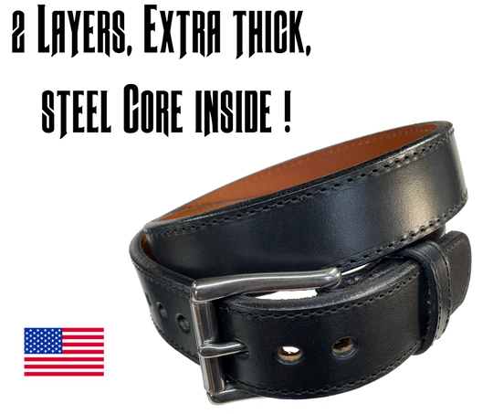 If your serious about your OWB or IWB carry conceal this is what you need. Made with two layers of full grain leather with a piece of stainless steel core between the two full pieces. The Steel Core starts just past the two screw posts and ends just before the adjustment holes. It creates a super stiff gun holster belt. Made of Italian and Harness Leather, all this and it's USA made!