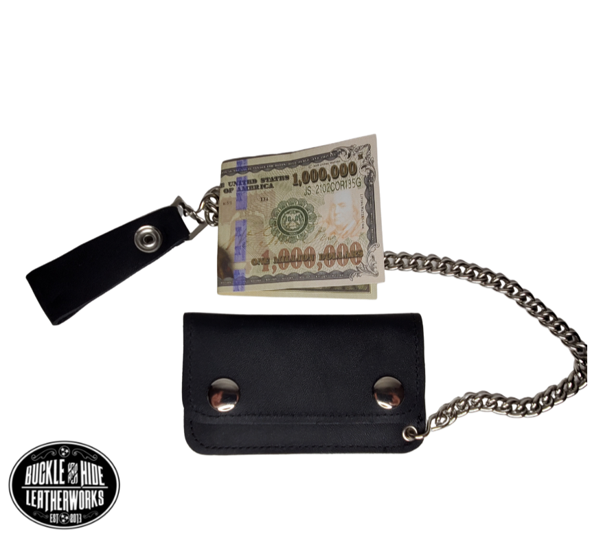 For the minimalist Rider. The most compact chain wallet we offer. Just enough room for some folded up cash a couple cards. Nothing to bog you down. Made in USA 2 pockets for some cash or cards Complete with 12" chain Approximate size 3" x 4" Made in USA