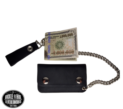 For the minimalist Rider. The most compact chain wallet we offer. Just enough room for some folded up cash a couple cards. Nothing to bog you down. Made in USA 2 pockets for some cash or cards Complete with 12" chain Approximate size 3" x 4" Made in USA