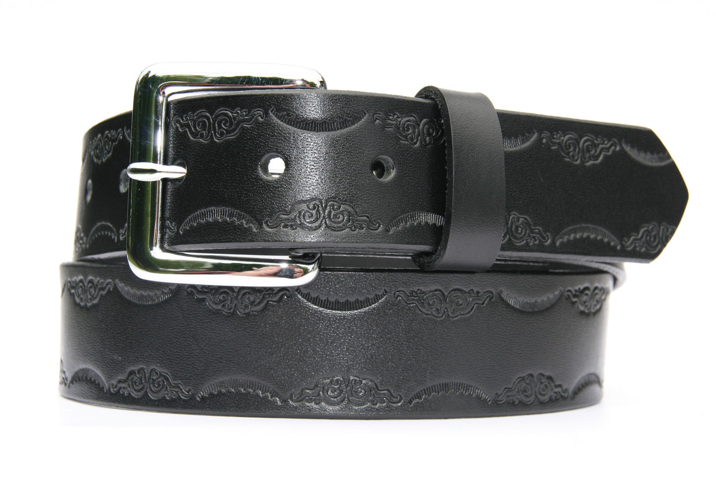 This real leather belt is handmade in our Smyrna, TN shop.  The process starts with a Veg-Tan Shoulder cowhide, which is cut into strips.  It is embossed and the edges are beveled.  The Antique Silver plated brass removable buckle is attached with snaps, you may add your own or purchase a theme buckle to personalize the look.  Please see sizing instructions to make sure you have the fit desired. 