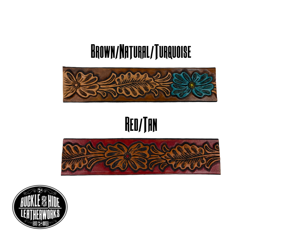 "The Desperado" is a handmade real leather belt made from a single strip of cowhide shoulder leather that is 8-10 oz. or approx. 1/8" thick. It has hand burnished (smoothed) edges and the Classic Western pattern. This belt is completely HAND dyed with a multi step finishing/painting technic. The antique nickel plated solid brass buckle is snapped in place with heavy snaps. This belt is made just outside Nashville in Smyrna, TN.