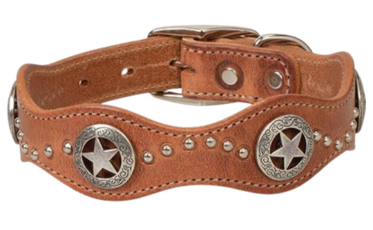 Constructed of premium quality Harness leather, this stitched collar will turn heads with its carefully crafted and attractive Scalloped design of  Star Conchos and spots.  This heavy leather is approx. 1/4" thick. The 1" and 3/4" width is based off the buckle size.