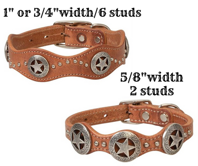 Constructed of premium quality Harness leather, this stitched collar will turn heads with its carefully crafted and attractive Scalloped design of  Star Conchos and spots.  This heavy leather is approx. 1/4" thick. The 1" and 3/4" width is based off the buckle size.