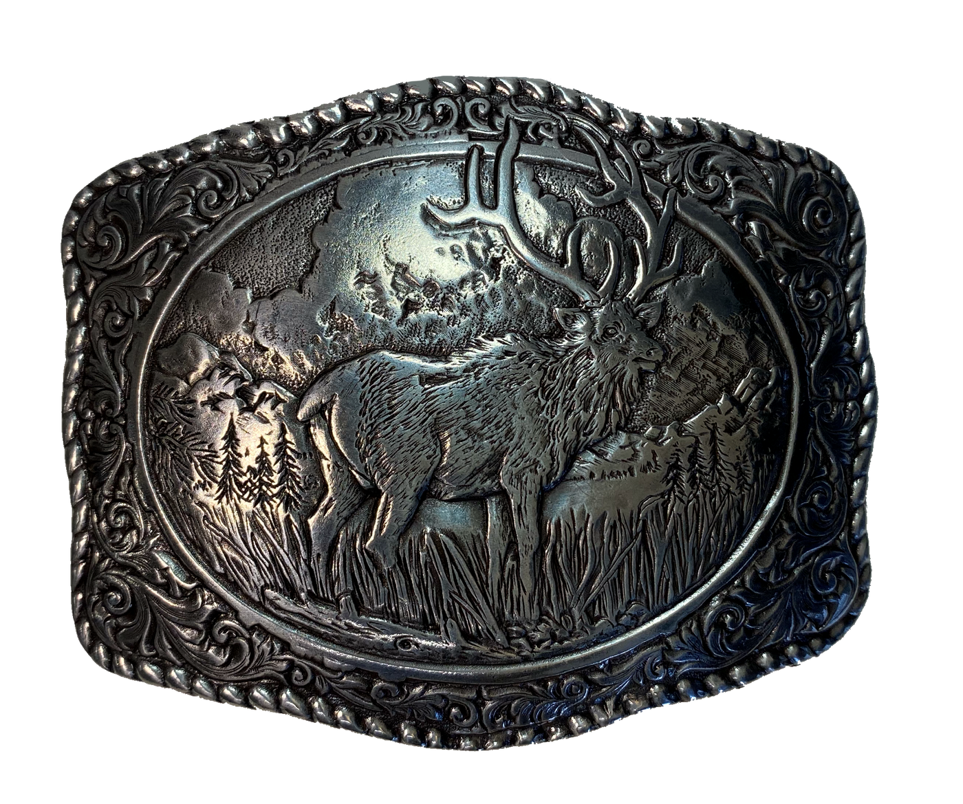 Crumrine buckle with Rope edging with Elk This buckle will look great with your favorite pair of jeans or dress pants.  Measures 2-3/4 x 3-1/2.  Available at our shop just outside Nashville in Smyrna, TN.