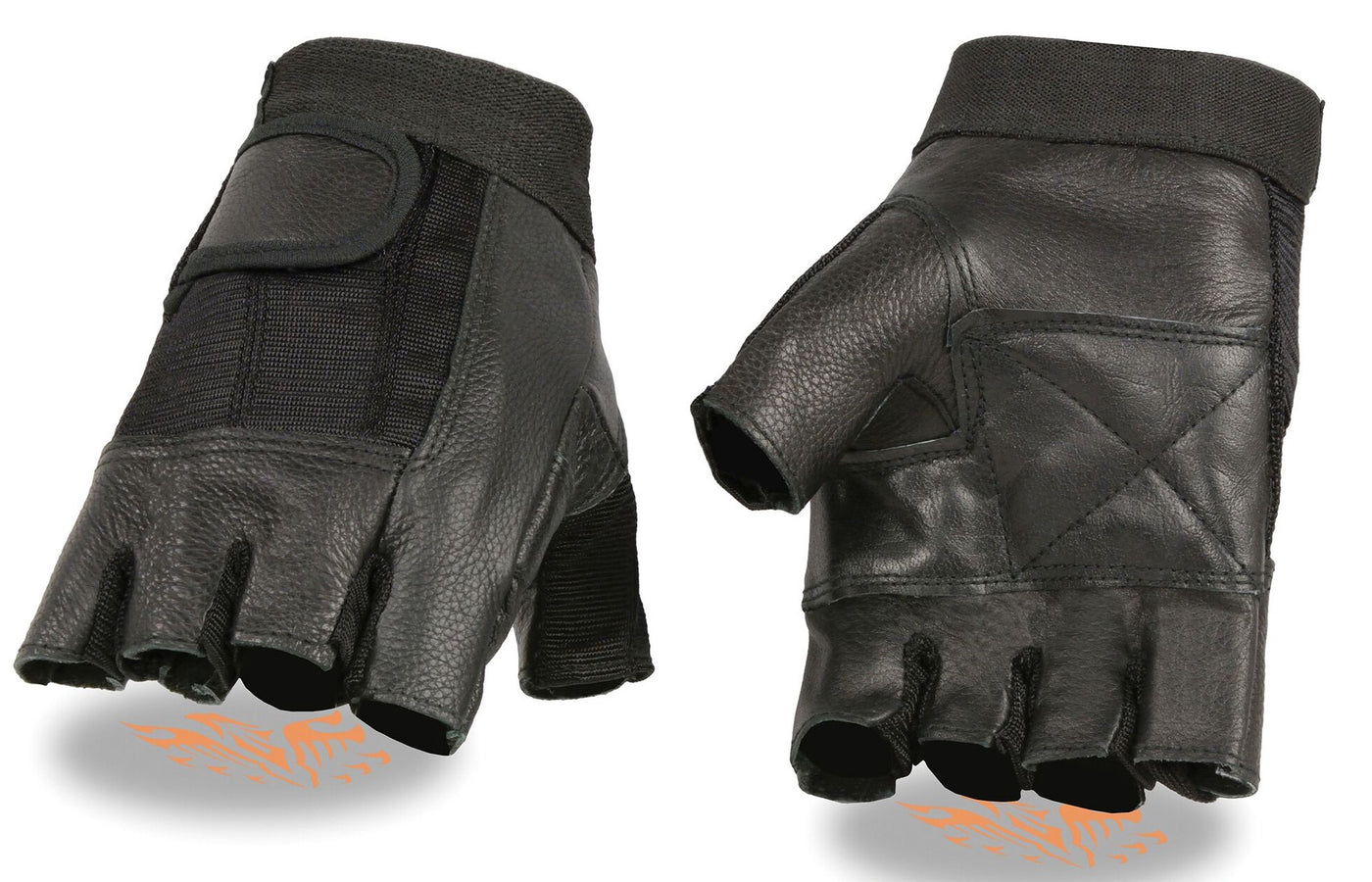 Black Leather and Mesh Fingerless Driving or Motorcycle Riding Gloves have velcro wrist closure and are available in sizes XS-3X in our shop just outside Nashville in Smyrna, TN.