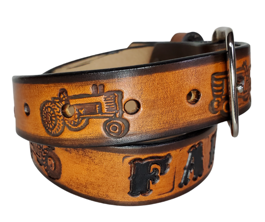 Our Lil Ferguson is just like the Ferguson for dad or mom. Full grain American vegetable tanned cowhide approx. 1/8"thick. Width is 1 1/4" and includes Antique Nickle plated Solid Brass buckle. We Hand Finished with a darker brown edge feathered into a tan center. Edges are smooth burnished painted edges. Made in our Smyrna, TN, USA shop. Buckle snaps in place for easy changing if desired. 