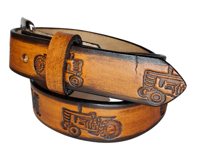 Our Lil Ferguson is just like the Ferguson for dad or mom. Full grain American vegetable tanned cowhide approx. 1/8"thick. Width is 1 1/4" and includes Antique Nickle plated Solid Brass buckle. We Hand Finished with a darker brown edge feathered into a tan center. Edges are smooth burnished painted edges. Made in our Smyrna, TN, USA shop. Buckle snaps in place for easy changing if desired. 