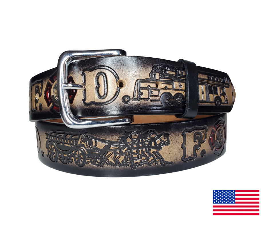 This USA made veg-tan leather belt is approx. 1/8" thick, 1 1/2"width with no fillers to split or rip apart. The belt features Fire Trucks, Emblem, Vintage horse wagon, and F-D pattern around the entire belt in black and red. The leather is comfortable from day one   Buckle is snapped on for easy buckle change. Colors may vary do to the manufacturing process. We don't make this belt but it's Buckle and Hide approved and still made in the USA. There is not a NAME option on this belt.
