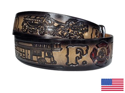 This USA made veg-tan leather belt is approx. 1/8" thick, 1 1/2"width with no fillers to split or rip apart. The belt features Fire Trucks, Emblem, Vintage horse wagon, and F-D pattern around the entire belt in black and red. The leather is comfortable from day one   Buckle is snapped on for easy buckle change. Colors may vary do to the manufacturing process. We don't make this belt but it's Buckle and Hide approved and still made in the USA. There is not a NAME option on this belt.