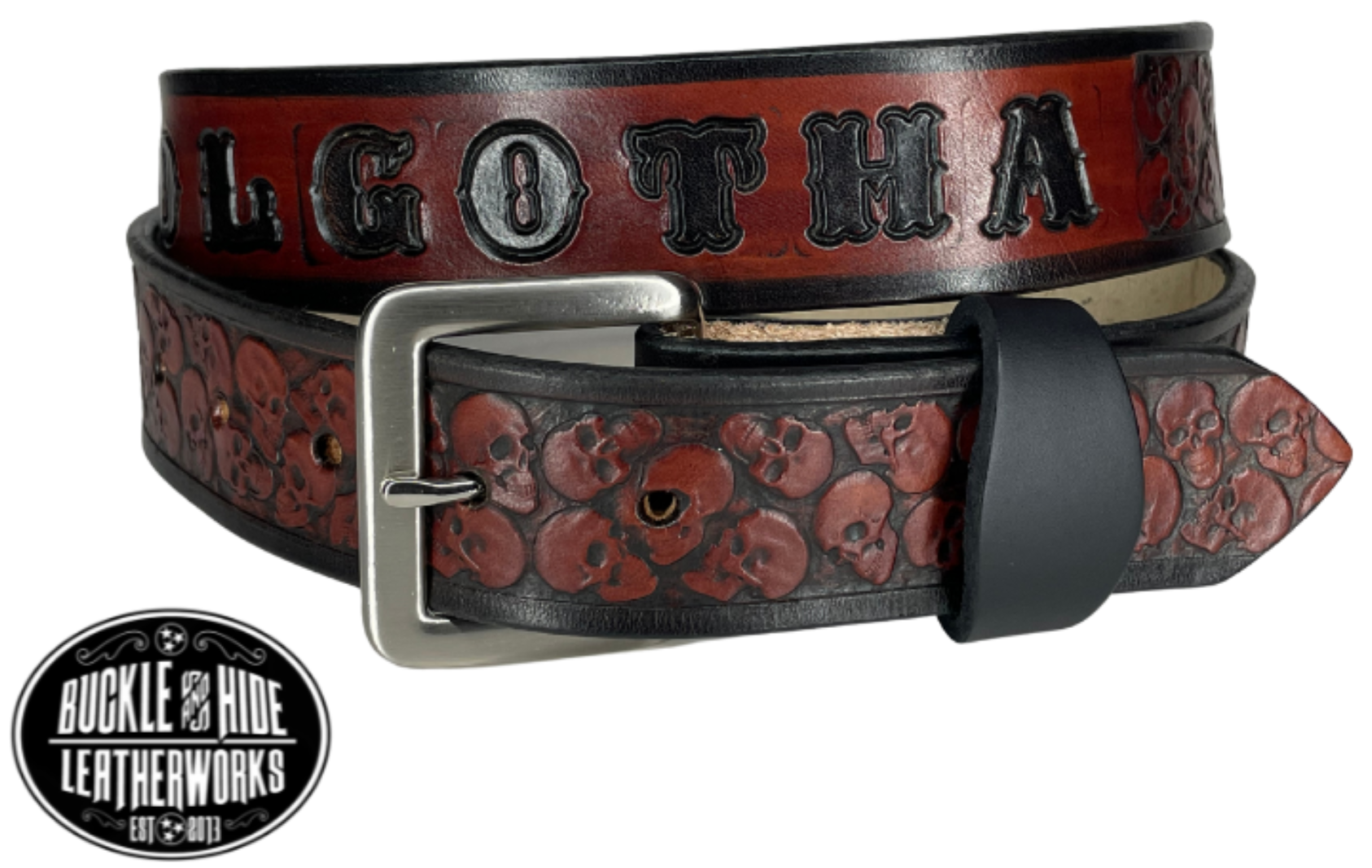 "The Forsaken" is a handmade real leather belt made from a single strip of cowhide shoulder leather that is 8-10 oz. or approx. 1/8" thick. It has hand burnished (smoothed) edges and the Serpent pattern embossed on the surface. The antique nickel plated solid brass buckle is snapped in place with heavy snaps.  This belt is made just outside Nashville in Smyrna, TN. Belt width is 1 1/2"