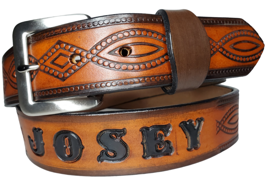"The Good, Bad, and the Ugly" is a professionally crafted, genuine leather belt made from 8-10 oz cowhide shoulder leather, approximately 1/8" thick. It boasts a hand burnished edge, Diamond center, and rope edge pattern, along with a multi-step dye and finishing technique. The antique nickel plated solid brass buckle is affixed with heavy snaps. This belt is crafted near Nashville, TN in Smyrna.