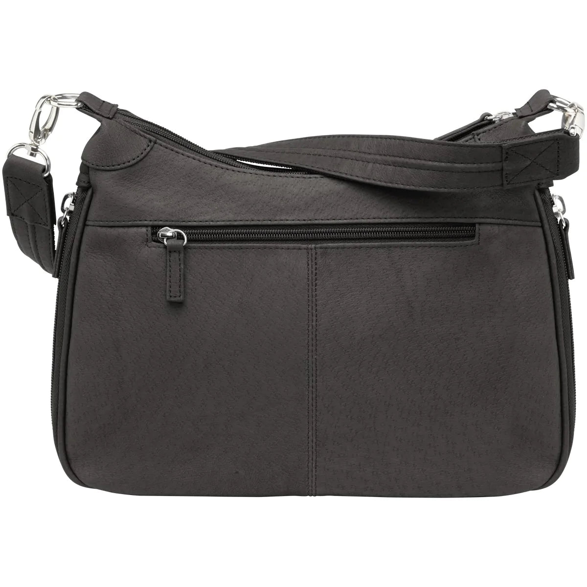 Designed for either Left or Right Handed use. Special padding to prevent gun imprinting. SLASH RESISTANT Shoulder Strap11-Ply Steel Cable Reinforced. Easily clips on and off. Removable. Height when strapped to bag = 13 1/2" Tall. Tumbled and uncoated full grain Leather with Microfiber Accents. Will become butter soft within weeks of use yet Leather outside zipper pulls. Lightweight Includes Holster. Double zippered top main compartment closures
