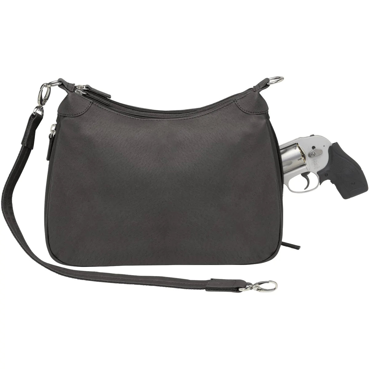 Designed for either Left or Right Handed use. Special padding to prevent gun imprinting. SLASH RESISTANT Shoulder Strap11-Ply Steel Cable Reinforced. Easily clips on and off. Removable. Height when strapped to bag = 13 1/2" Tall. Tumbled and uncoated full grain Leather with Microfiber Accents. Will become butter soft within weeks of use yet Leather outside zipper pulls. Lightweight Includes Holster. Double zippered top main compartment closures