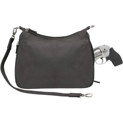 Designed for either Left or Right Handed use. Special padding to prevent gun imprinting. SLASH RESISTANT Shoulder Strap11-Ply Steel Cable Reinforced. Easily clips on and off. Removable. Height when strapped to bag = 13 1/2" Tall. Tumbled and uncoated full grain Leather with Microfiber Accents. Will become butter soft within weeks of use yet Leather outside zipper pulls. Lightweight Includes Holster. Double zippered top main compartment closures