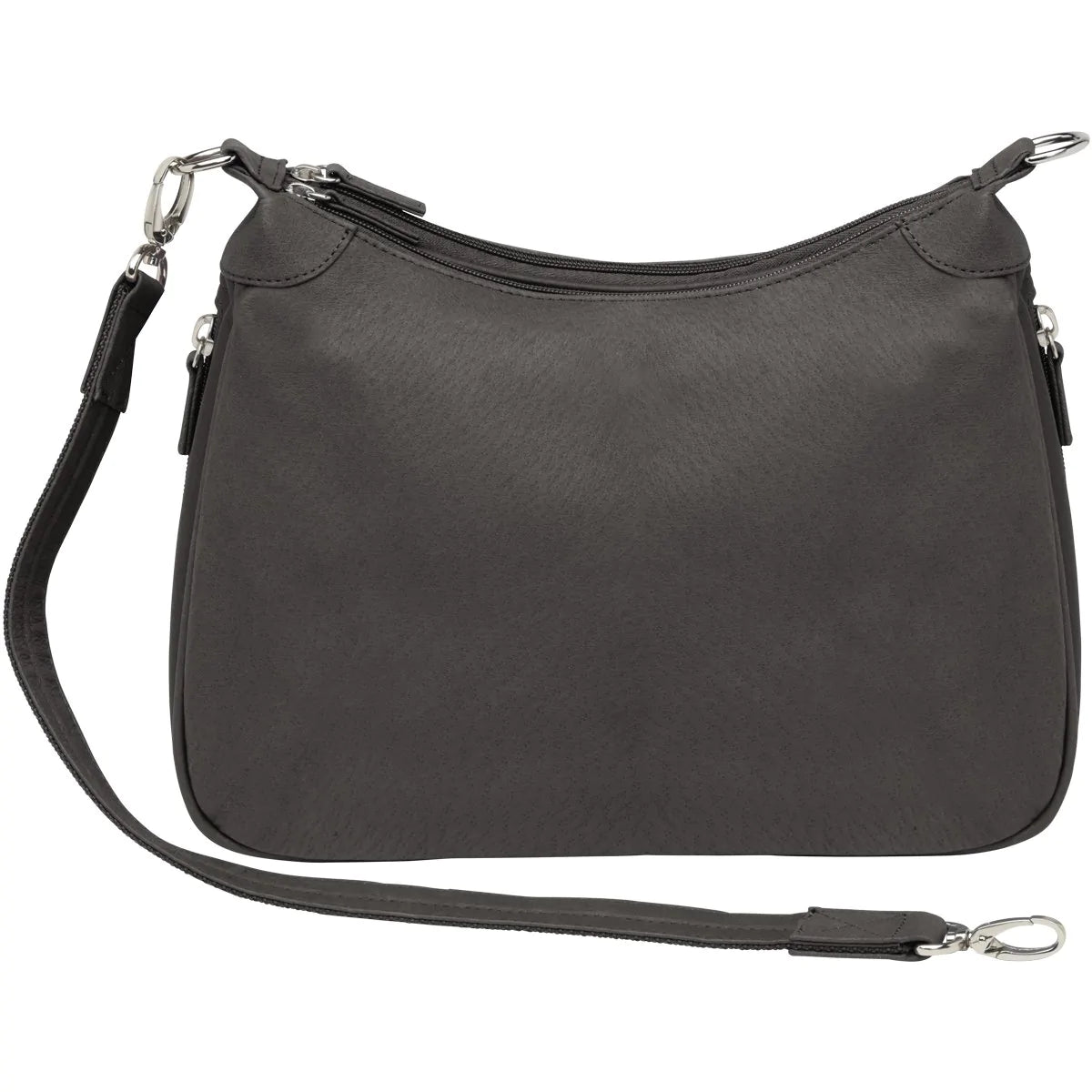 Designed for either Left or Right Handed use. Special padding to prevent gun imprinting. SLASH RESISTANT Shoulder Strap11-Ply Steel Cable Reinforced. Easily clips on and off. Removable. Height when strapped to bag = 13 1/2" Tall. Tumbled and uncoated full grain Leather with Microfiber Accents. Will become butter soft within weeks of use yet Leather outside zipper pulls. Lightweight Includes Holster. Double zippered top main compartment closures