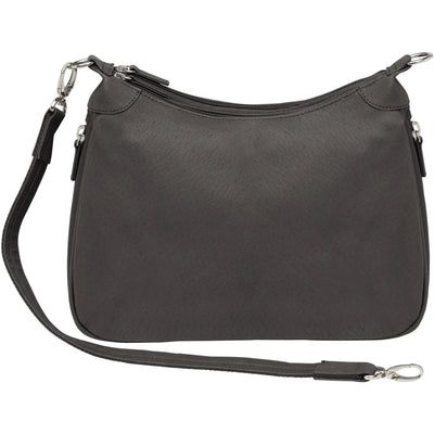 Designed for either Left or Right Handed use. Special padding to prevent gun imprinting. SLASH RESISTANT Shoulder Strap11-Ply Steel Cable Reinforced. Easily clips on and off. Removable. Height when strapped to bag = 13 1/2" Tall. Tumbled and uncoated full grain Leather with Microfiber Accents. Will become butter soft within weeks of use yet Leather outside zipper pulls. Lightweight Includes Holster. Double zippered top main compartment closures