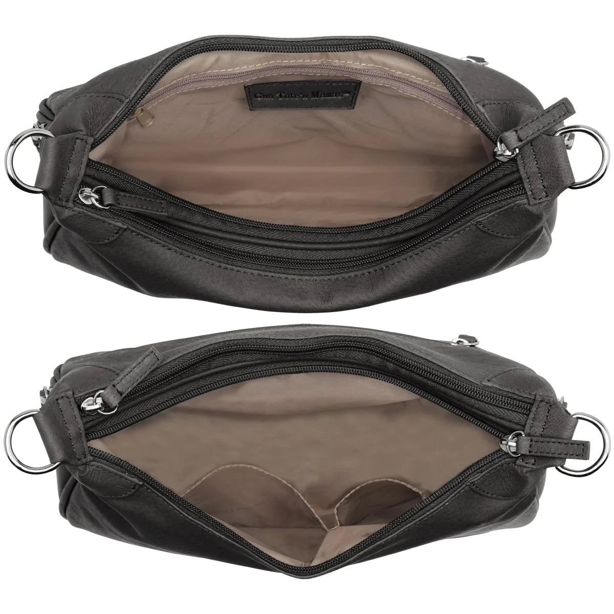 Designed for either Left or Right Handed use. Special padding to prevent gun imprinting. SLASH RESISTANT Shoulder Strap11-Ply Steel Cable Reinforced. Easily clips on and off. Removable. Height when strapped to bag = 13 1/2" Tall. Tumbled and uncoated full grain Leather with Microfiber Accents. Will become butter soft within weeks of use yet Leather outside zipper pulls. Lightweight Includes Holster. Double zippered top main compartment closures