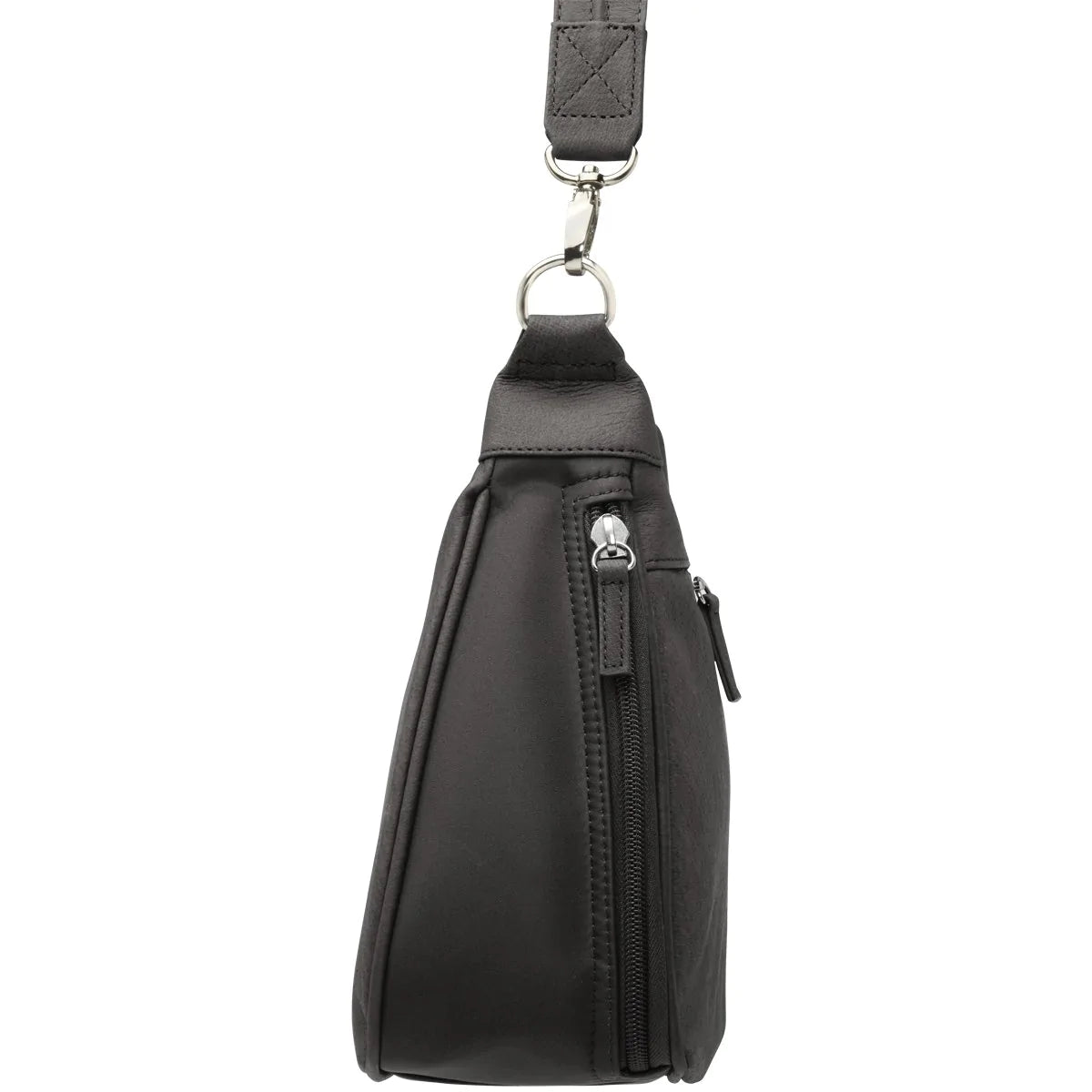 Designed for either Left or Right Handed use. Special padding to prevent gun imprinting. SLASH RESISTANT Shoulder Strap11-Ply Steel Cable Reinforced. Easily clips on and off. Removable. Height when strapped to bag = 13 1/2" Tall. Tumbled and uncoated full grain Leather with Microfiber Accents. Will become butter soft within weeks of use yet Leather outside zipper pulls. Lightweight Includes Holster. Double zippered top main compartment closures