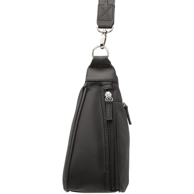 Designed for either Left or Right Handed use. Special padding to prevent gun imprinting. SLASH RESISTANT Shoulder Strap11-Ply Steel Cable Reinforced. Easily clips on and off. Removable. Height when strapped to bag = 13 1/2" Tall. Tumbled and uncoated full grain Leather with Microfiber Accents. Will become butter soft within weeks of use yet Leather outside zipper pulls. Lightweight Includes Holster. Double zippered top main compartment closures
