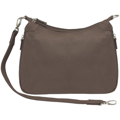 Designed for either Left or Right Handed use. Special padding to prevent gun imprinting. SLASH RESISTANT Shoulder Strap11-Ply Steel Cable Reinforced. Easily clips on and off. Removable. Height when strapped to bag = 13 1/2" Tall. Tumbled and uncoated full grain Leather with Microfiber Accents. Will become butter soft within weeks of use yet Leather outside zipper pulls. Lightweight Includes Holster. Double zippered top main compartment closures