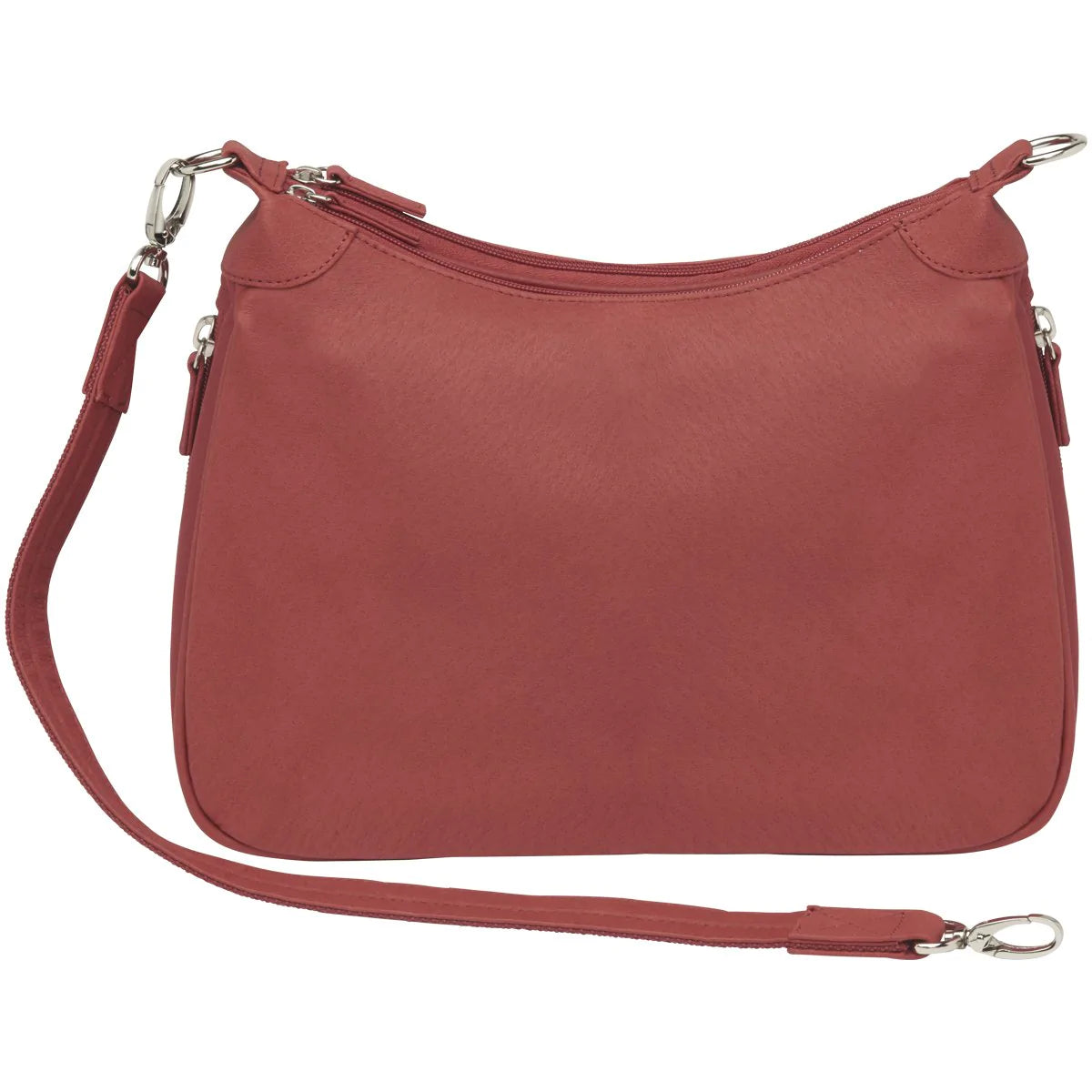 Designed for either Left or Right Handed use. Special padding to prevent gun imprinting. SLASH RESISTANT Shoulder Strap11-Ply Steel Cable Reinforced. Easily clips on and off. Removable. Height when strapped to bag = 13 1/2" Tall. Tumbled and uncoated full grain Leather with Microfiber Accents. Will become butter soft within weeks of use yet Leather outside zipper pulls. Lightweight Includes Holster. Double zippered top main compartment closures