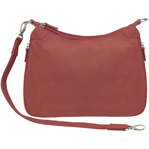 Designed for either Left or Right Handed use. Special padding to prevent gun imprinting. SLASH RESISTANT Shoulder Strap11-Ply Steel Cable Reinforced. Easily clips on and off. Removable. Height when strapped to bag = 13 1/2" Tall. Tumbled and uncoated full grain Leather with Microfiber Accents. Will become butter soft within weeks of use yet Leather outside zipper pulls. Lightweight Includes Holster. Double zippered top main compartment closures